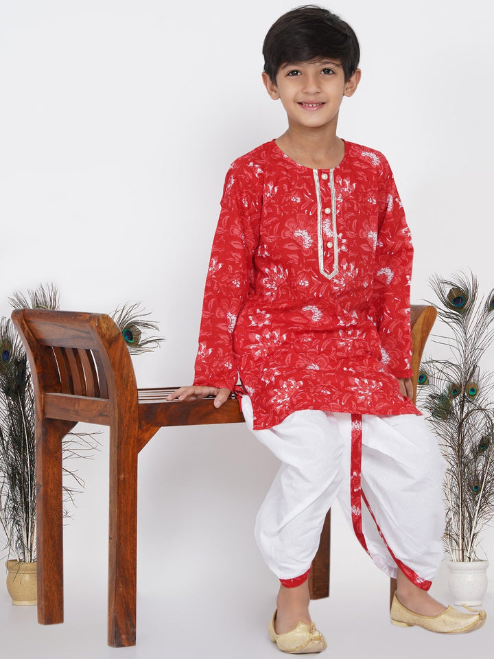Boys Floral Kurta with Pearl Buttons and Dhoti in Red and White  | SHOBITAM