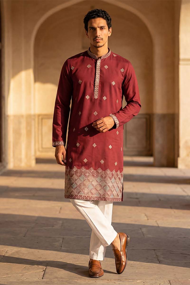Silk Blend Maroon Solid Embroidered Calf Length Straight Kurta | SHOBITAM