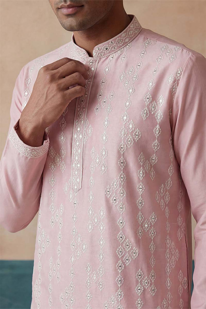 Mens Pink Silk Blend Solid Embroidered Kurta With Trousers | SHOBITAM