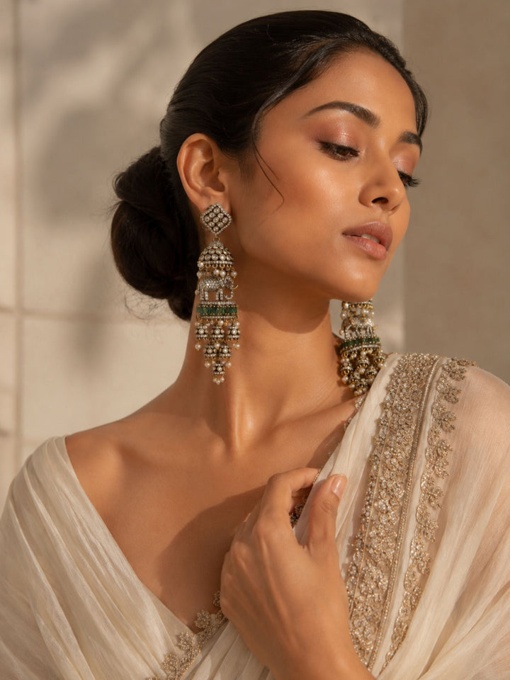 Elephant Pearl Green Jhumka Earrings | SHOBITAM