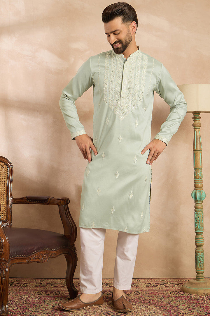 Green Silk Blend Geometric Embroidered Straight Kurta With Trouser | SHOBITAM