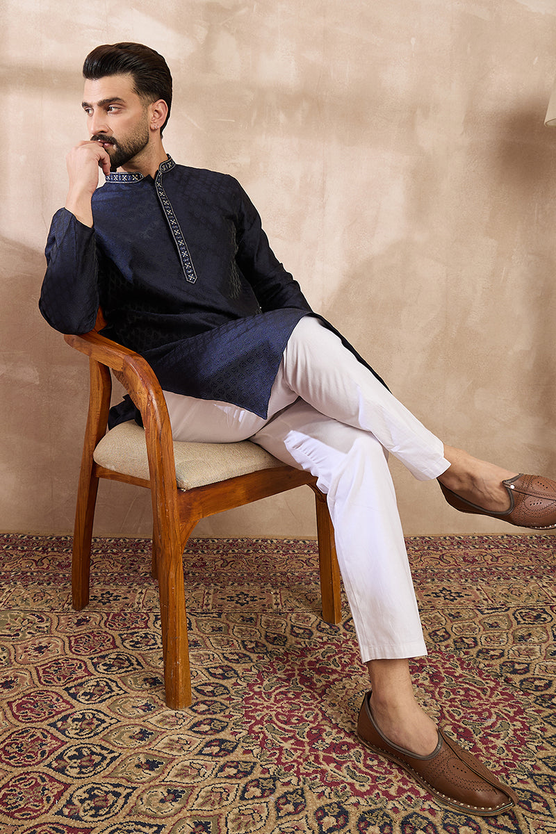 Navy Blue Silk Blend Solid Woven Design Straight Kurta | SHOBITAM