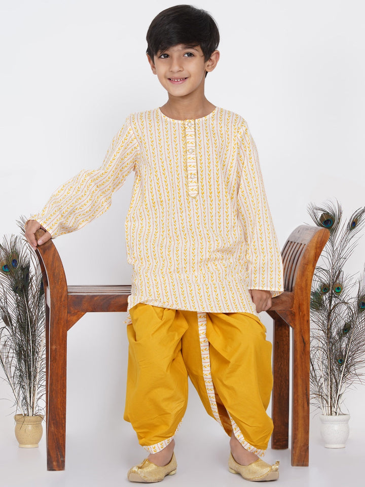 Boys Leaf Print Kurta with Pearl Buttons and Dhoti in Cream and yellow  | SHOBITAM