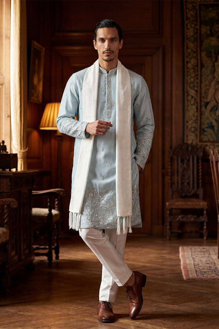 Men Blue Silk Blend Solid Embroidered Straight Kurta Sets  | SHOBITAM