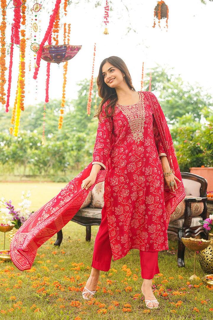 Red Viscose Rayon Floral Embroidered Straight Kurta Trousers With Dupatta | SHOBITAM