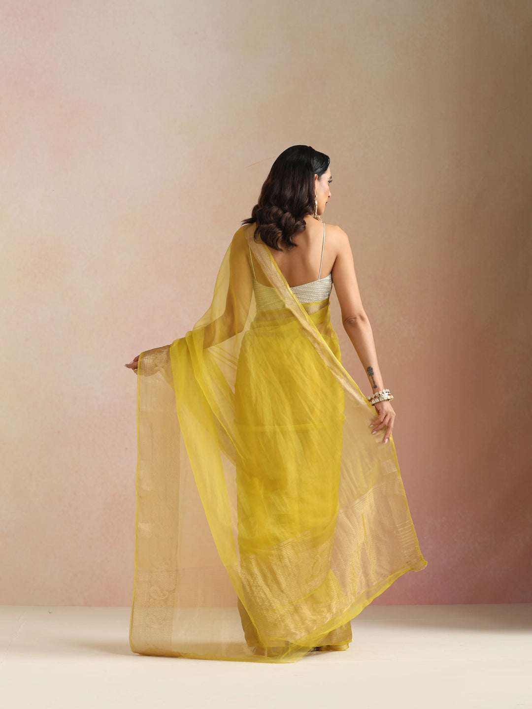 Lime Organza Saree With Unstitched Blouse| SHOBITAM