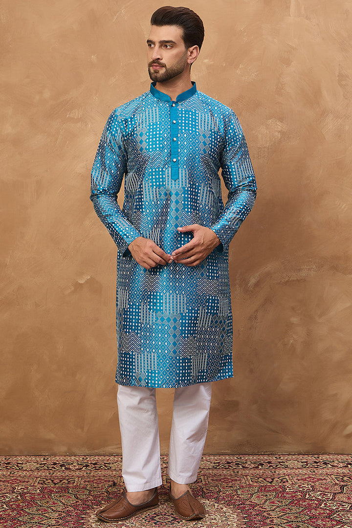 Blue Silk Blend Geometric Printed Straight Kurta  | SHOBITAM