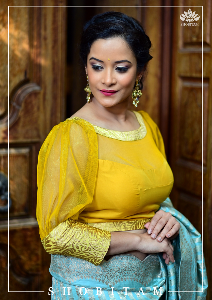 Mustard boat neck Blouse with Sheer Yoke and Puff Sleeves, Banarasi Brocade Detailing