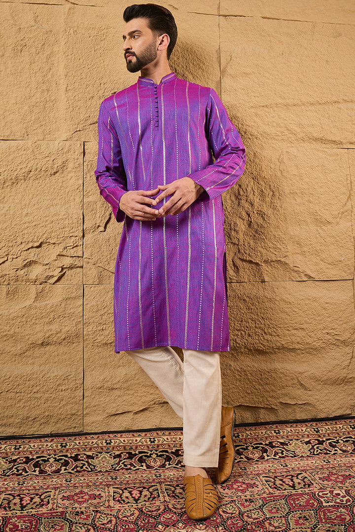 Purple Pure Cotton Solid Embroidered Straight Kurta with Trouser  | SHOBITAM