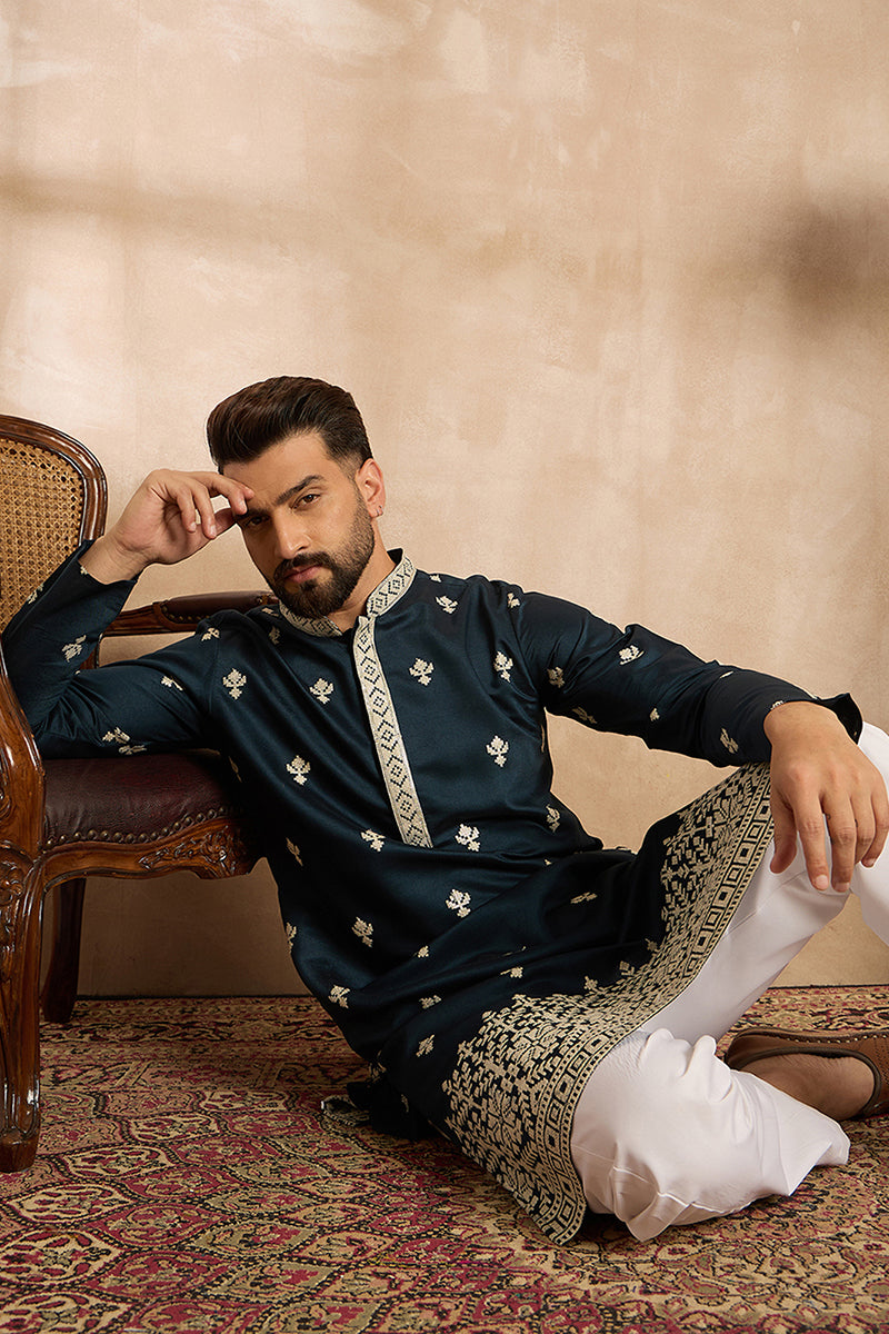 Navy Blue Polyester Solid Embroidered Straight Kurta With Trouser | SHOBITAM