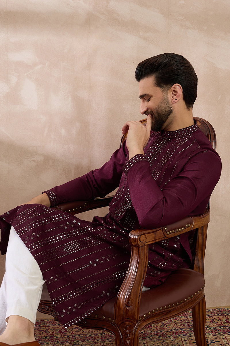 Purple Silk Blend Embroidered Mandarin Collar Straight Kurta For Men | SHOBITAM