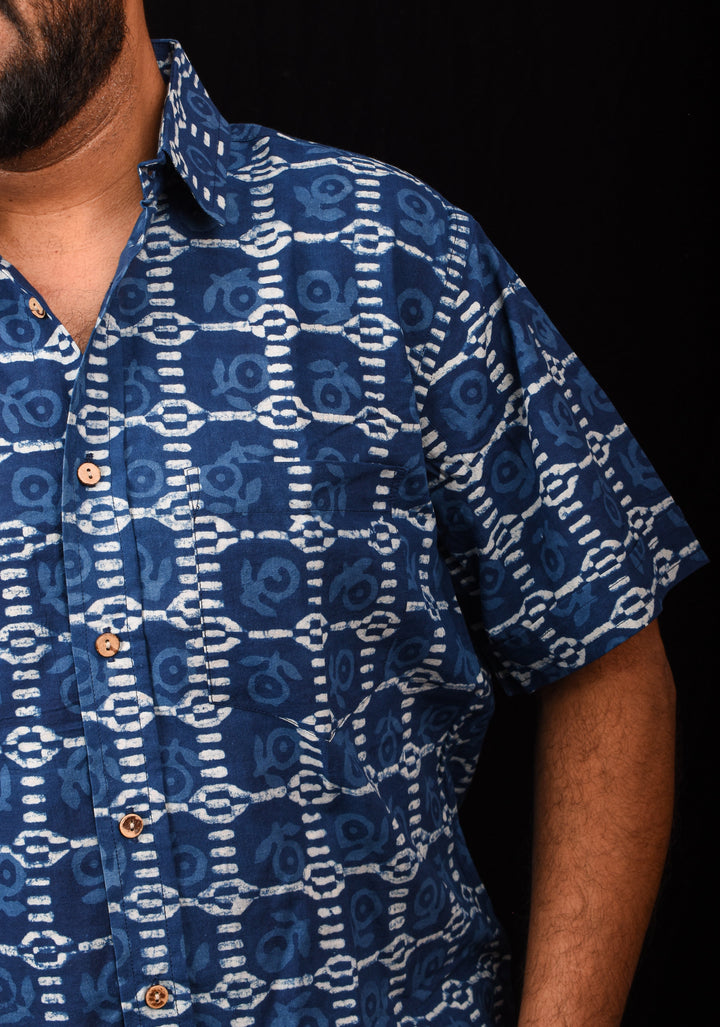 Blue White Handblock Printed Cotton Mens Shirt