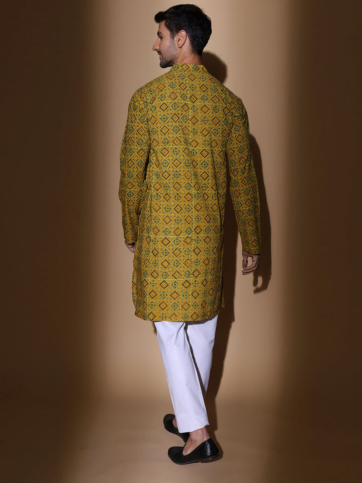Soorma Men Ajrakh Print Cotton Kurta in Mustard Colour