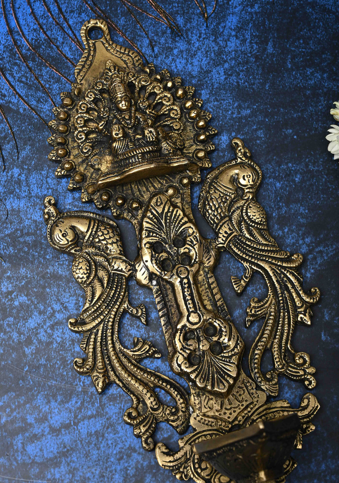 Antique Brass Lakshmi with Peacocks Wall Hanging Diya, Indian Decorative