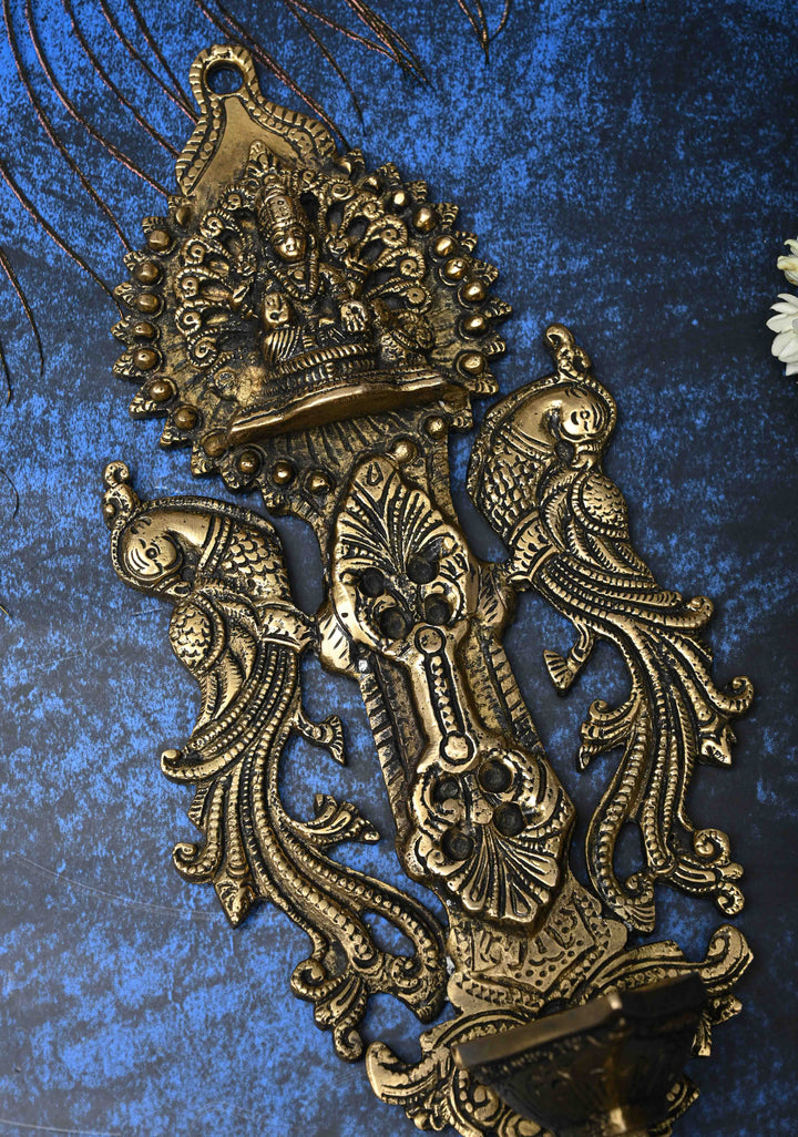 Antique Brass Lakshmi with Peacocks Wall Hanging Diya, Indian Decorative