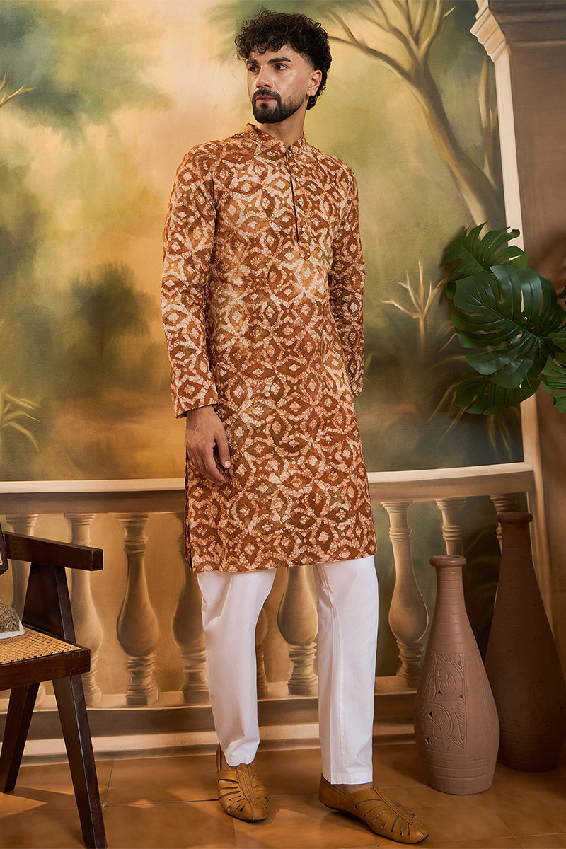 Brown Pure Cotton Batik Embroidered Straight Kurta with Trouser | SHOBITAM