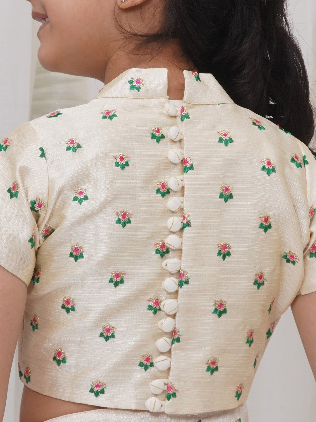 Girls Brocade Short Sleeves Sequin Floral Embroidery Ready to wear Blouse with Ready to wear Georgette Saree - Rani | SHOBITAM
