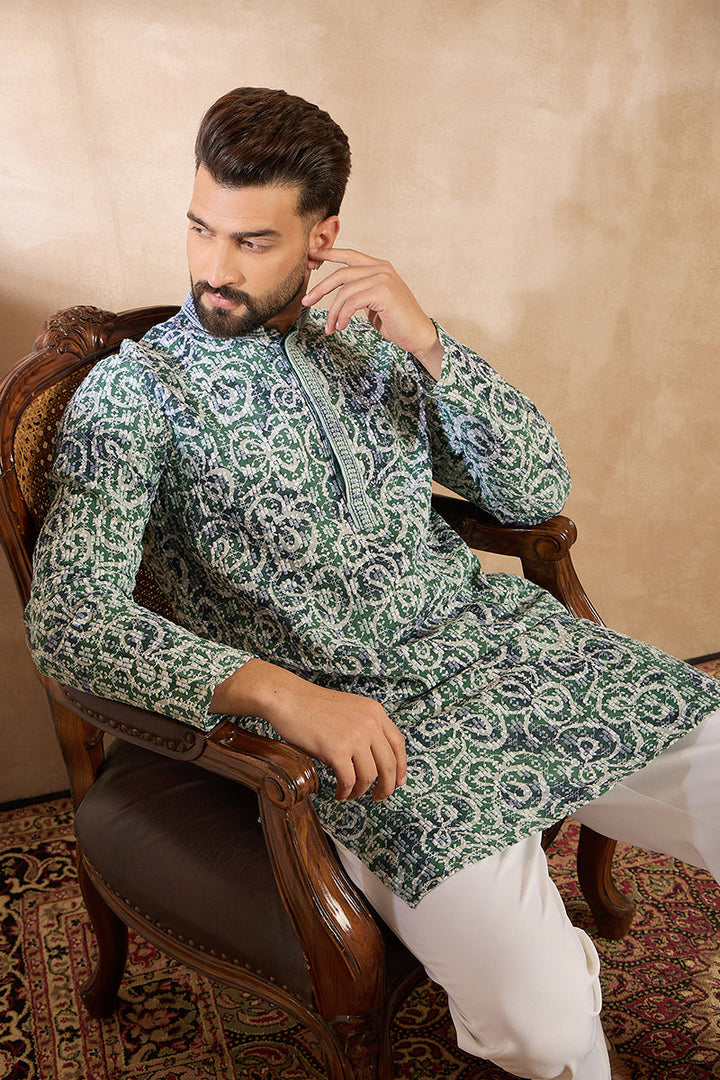 Green Viscose Rayon Batik Embroidered Straight Kurta With Trouser | SHOBITAM