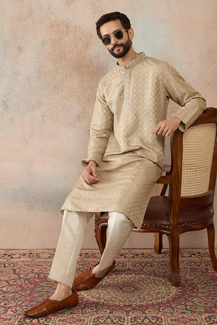 Mens Olive Jacquard Ethnic Motifs Embroidered Kurta | SHOBITAM
