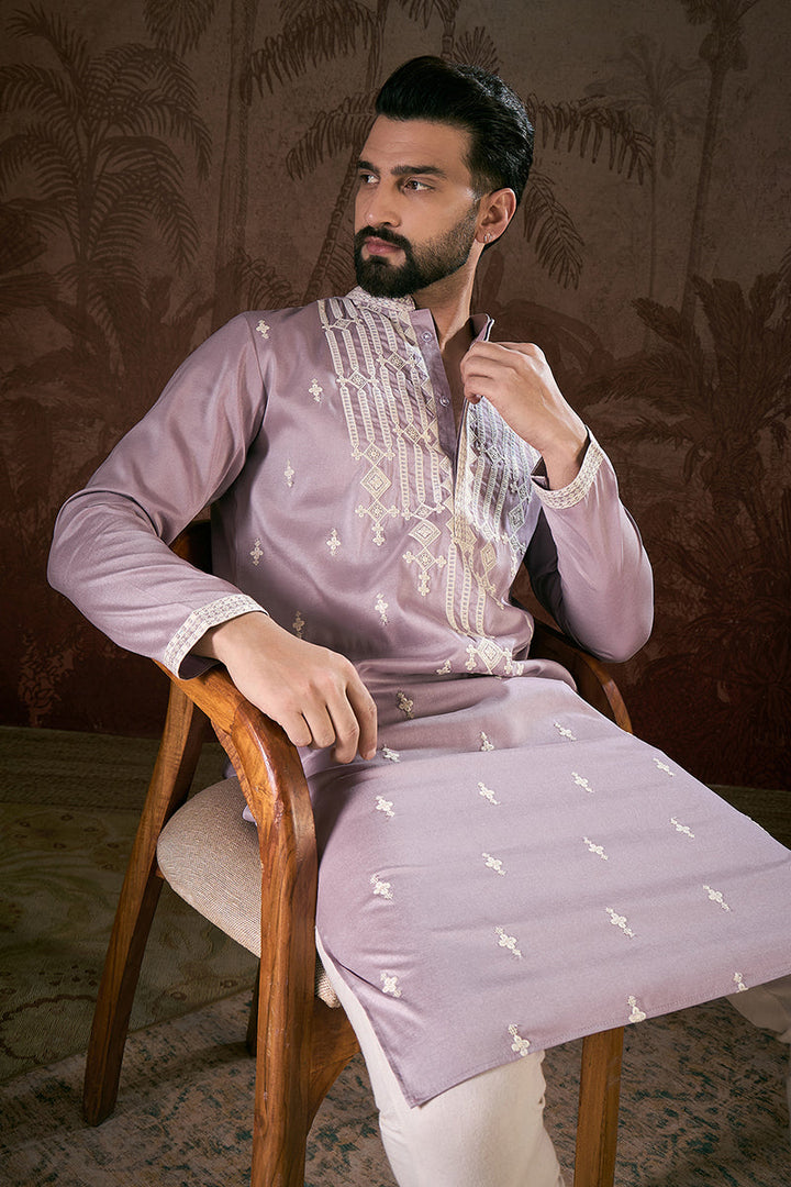 Lavender Silk Blend Solid Embroidered Straight Kurta | SHOBITAM