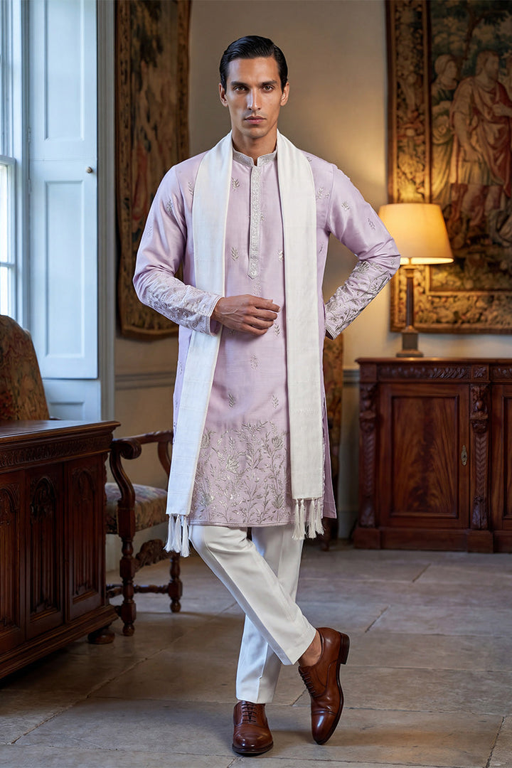 Men Lavender Silk Blend Floral Embroidered Straight Kurta Sets | SHOBITAM