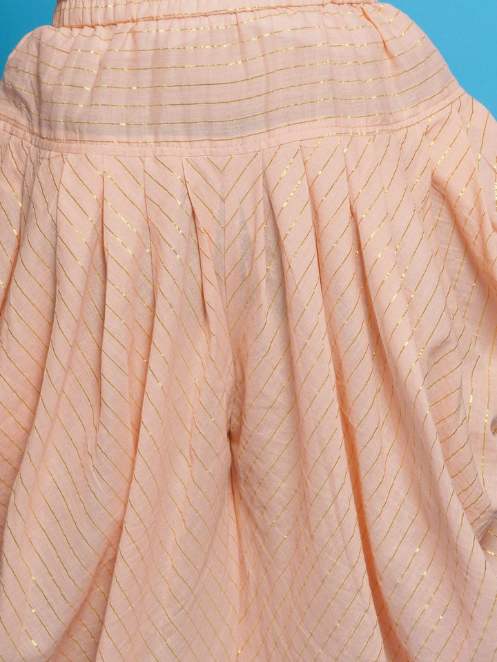 Chanderi Silk Tulip Kurta with Dhoti Salwar & Dupatta - Peachish Pink | SHOBITAM