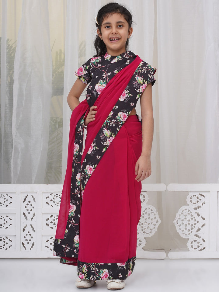 Girls Cotton Short Sleeves Floral Print Ready to wear Blouse with Ready to wear Georgette Saree -Rani | SHOBITAM