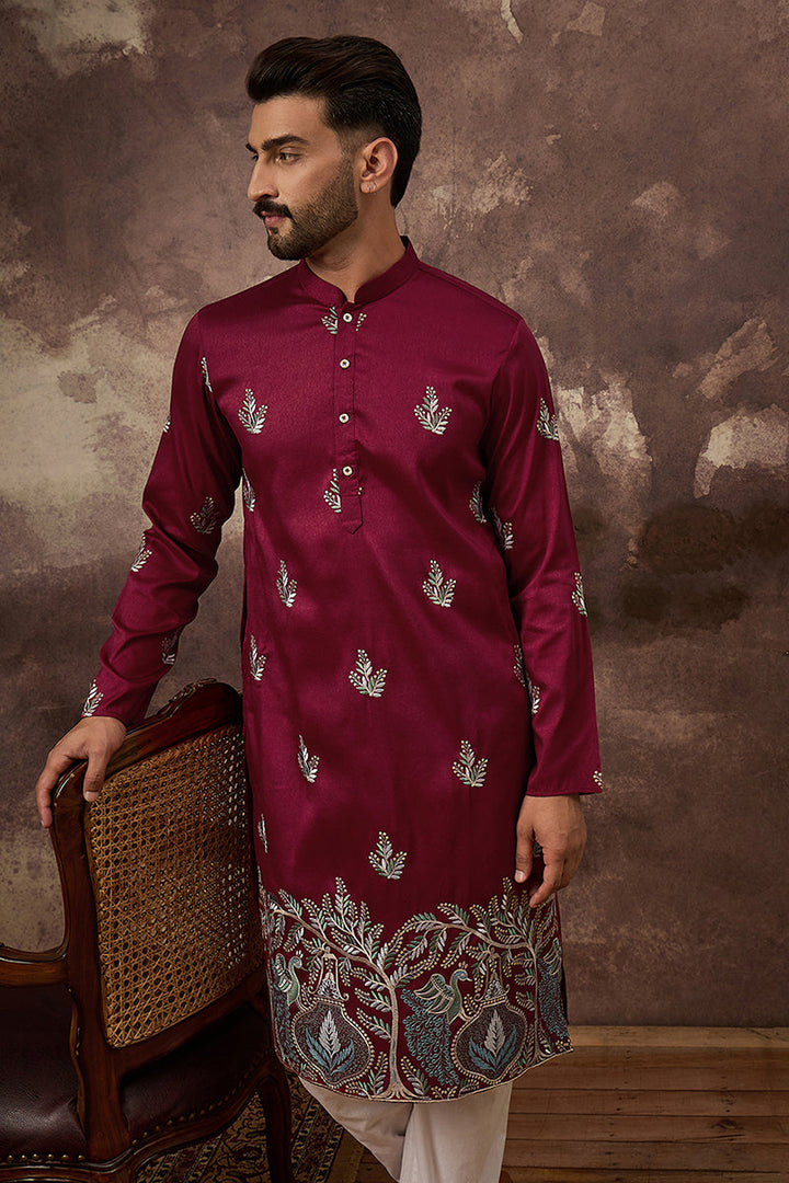 Maroon Silk Blend Solid Embroidered Straight Kurta with Trouser  | SHOBITAM