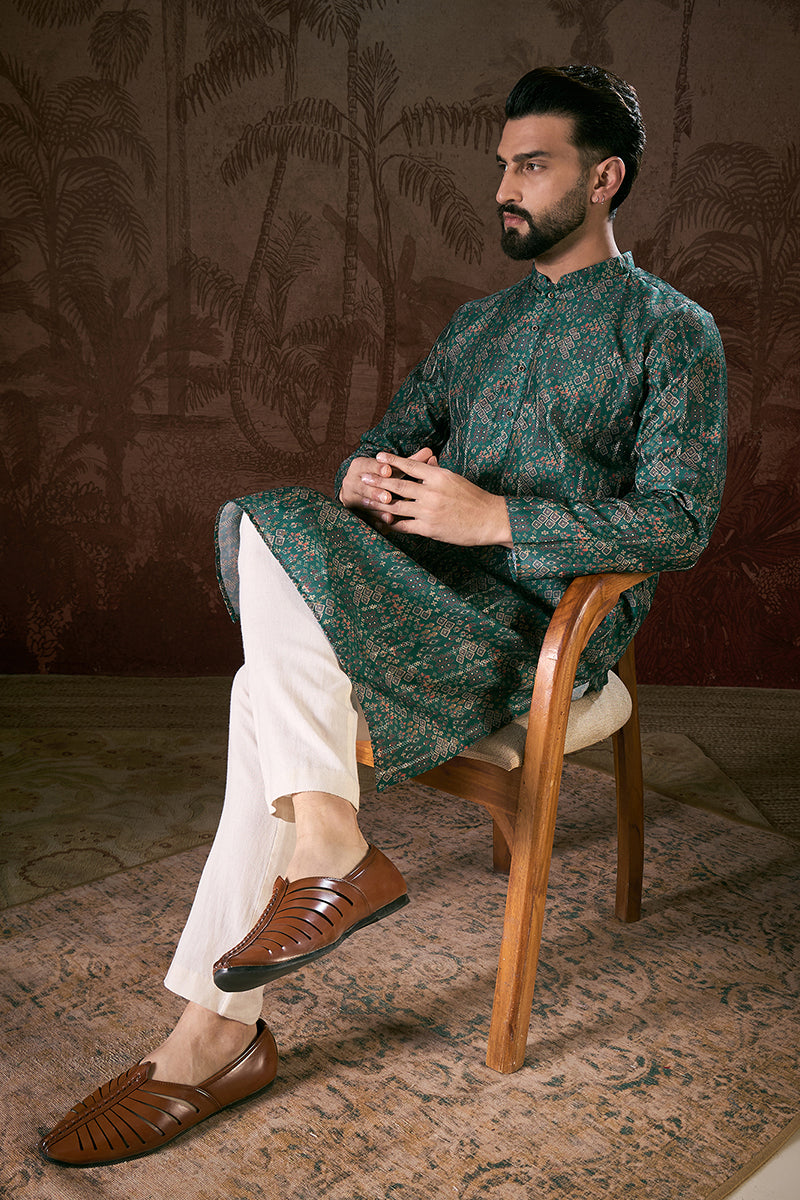 Sea Green Silk Blend Ethnic Motifs Printed Straight Kurta With Trouser | SHOBITAM