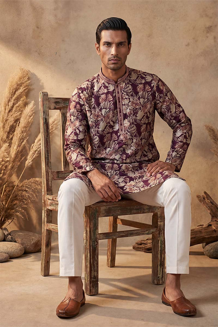 Mens Purple Viscose Rayon Floral Printed Kurta With Trousers | SHOBITAM