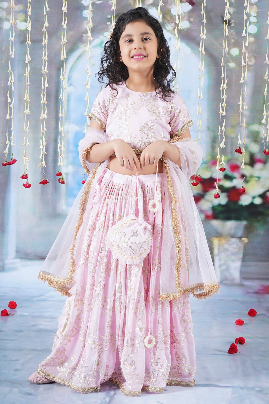 Girls Baby Pink Floral Irish Thread and Sequin work Lehenga with Blouse and Duppata with Matching Potli and Hand made tussel | SHOBITAM