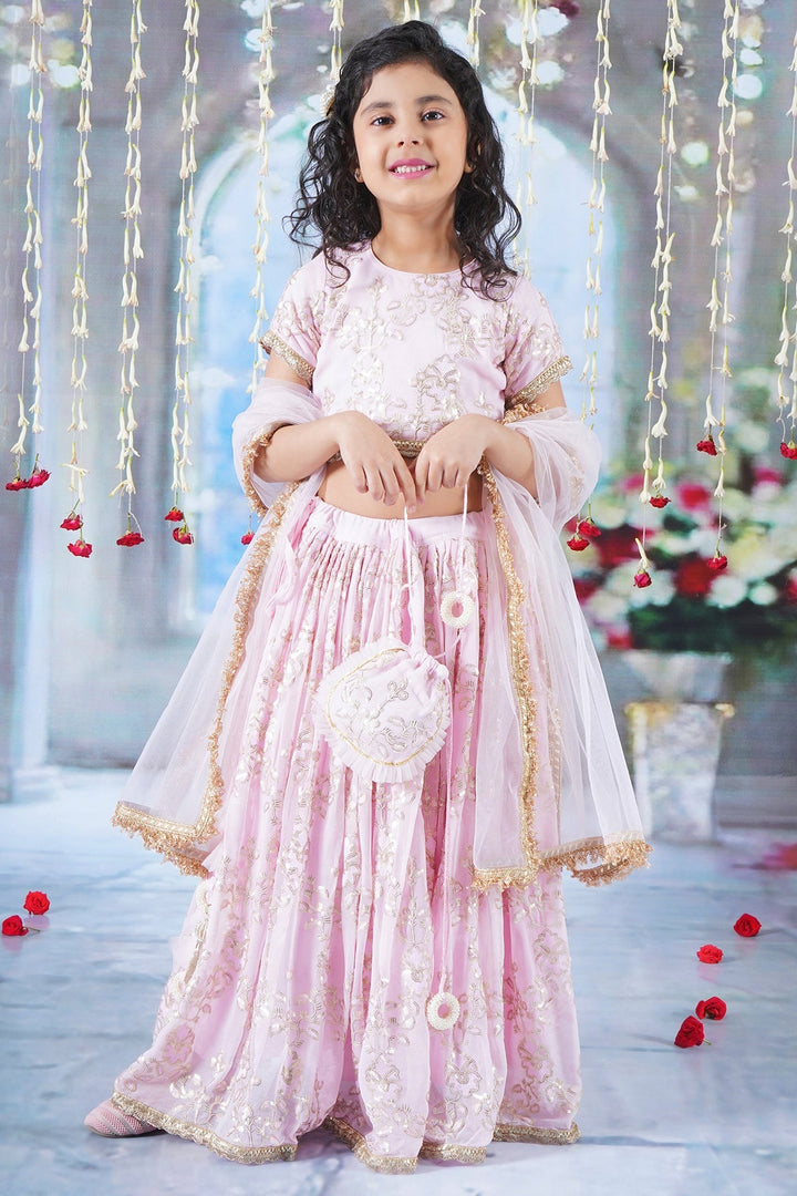 Girls Baby Pink Floral Irish Thread and Sequin work Lehenga with Blouse and Duppata with Matching Potli and Hand made tussel | SHOBITAM