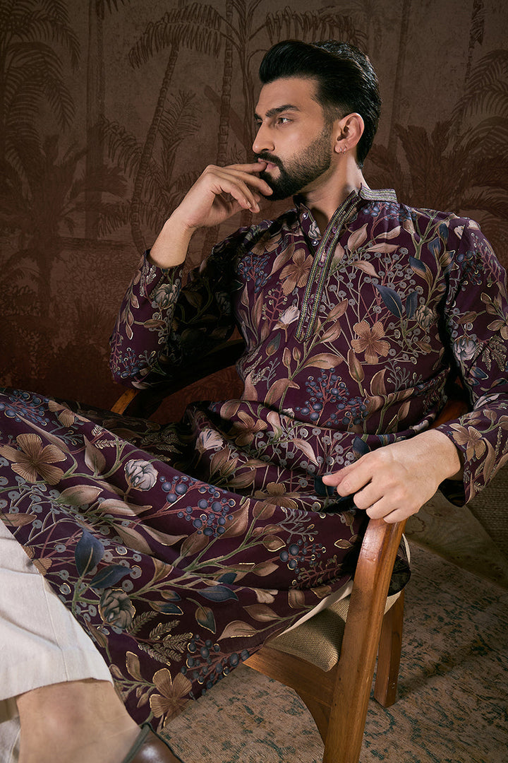 Purple Silk Blend Floral Printed Straight Kurta For Men | SHOBITAM
