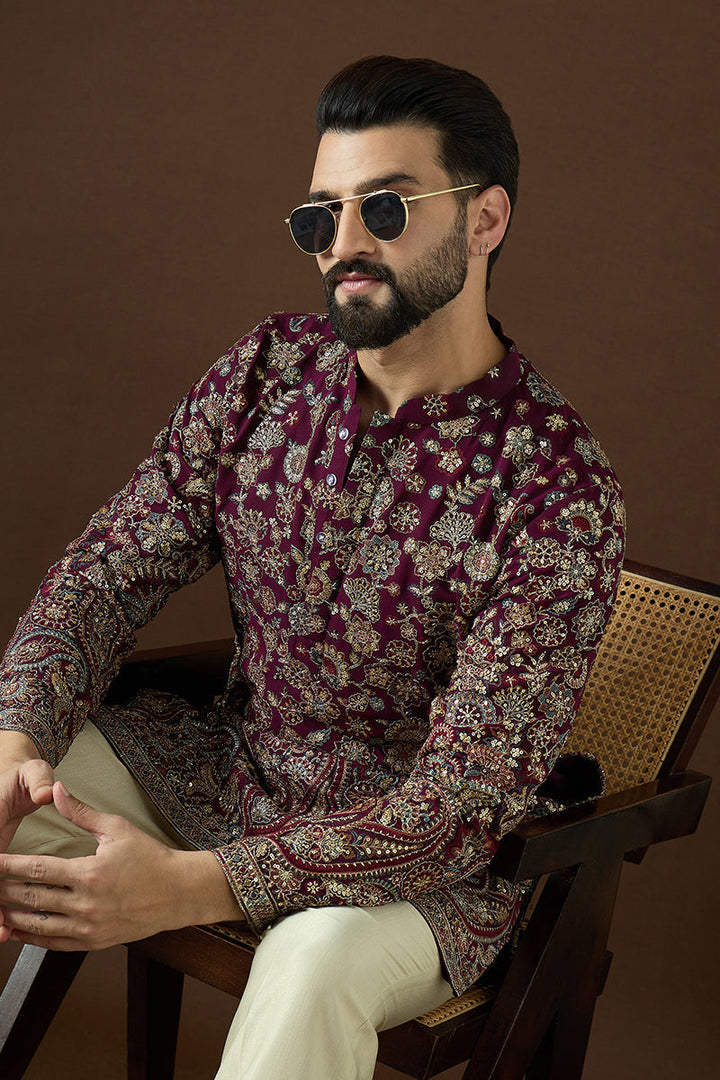 Wine Georgette Solid Embroidered Straight Kurta | SHOBITAM