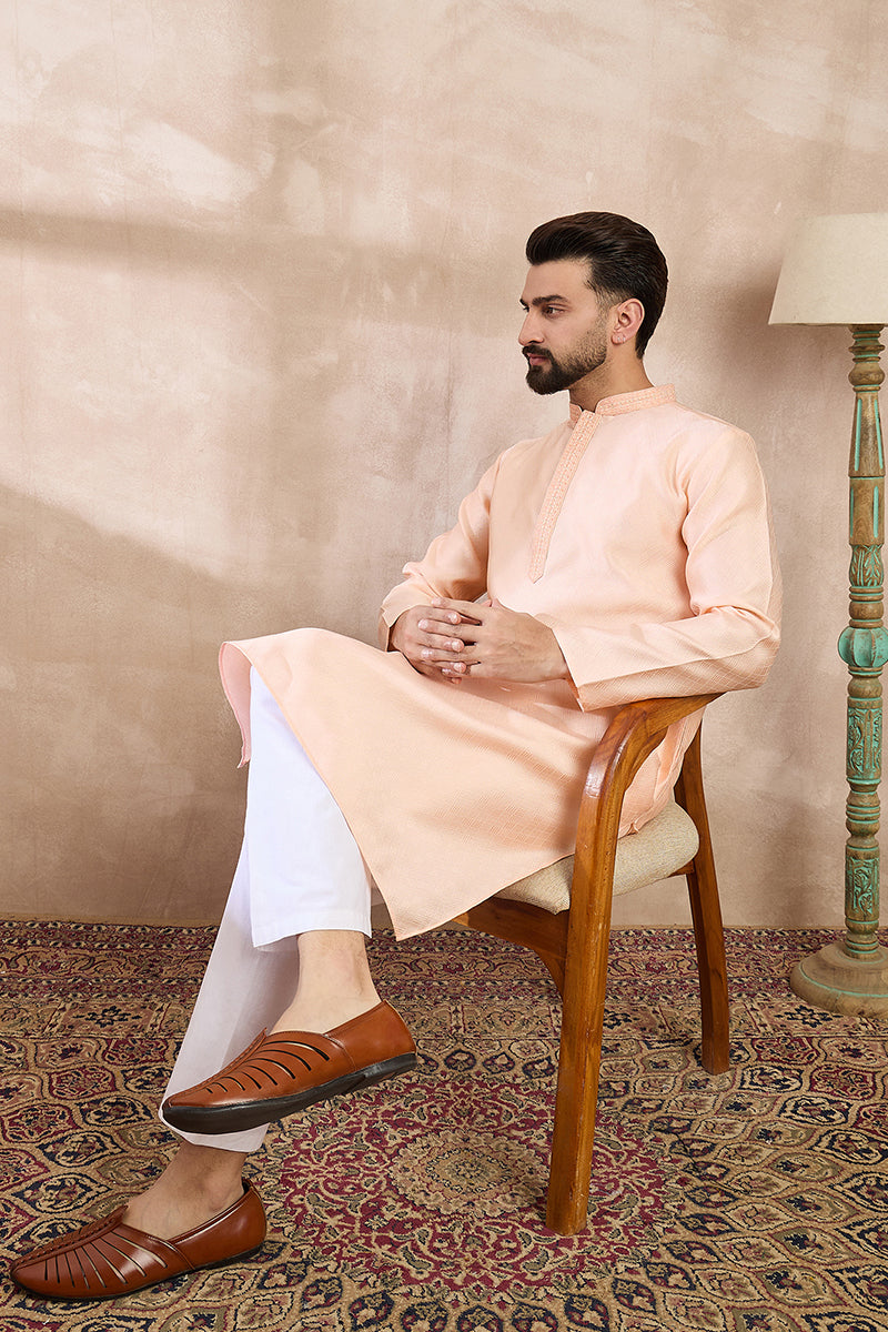 Peach Silk Blend Solid Embroidered Straight Kurta For Men | SHOBITAM