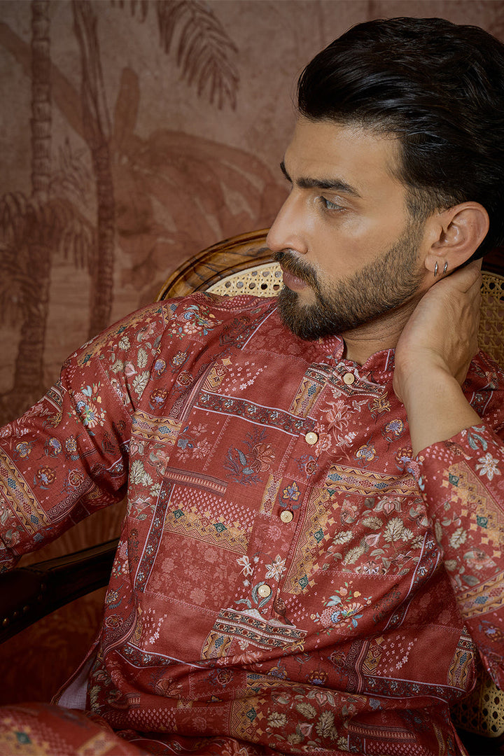 Mens Silk Blend Pink Abstract Printed Kurta | SHOBITAM