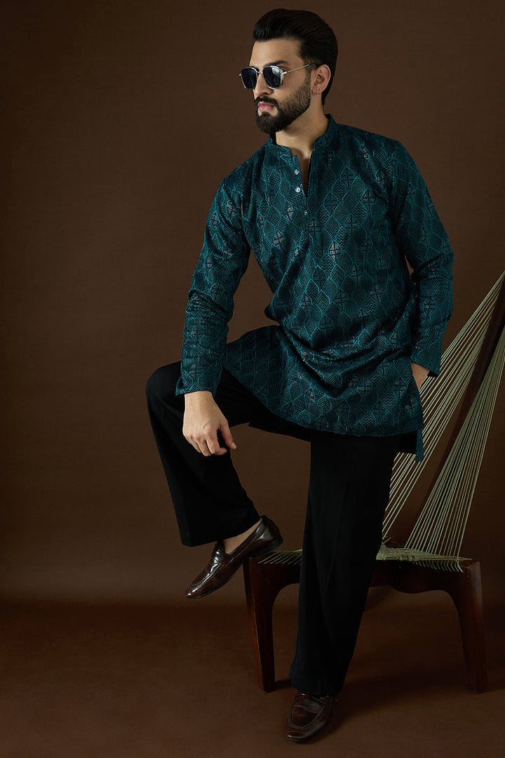 Teal Georgette Solid Embroidered Straight Kurta | SHOBITAM