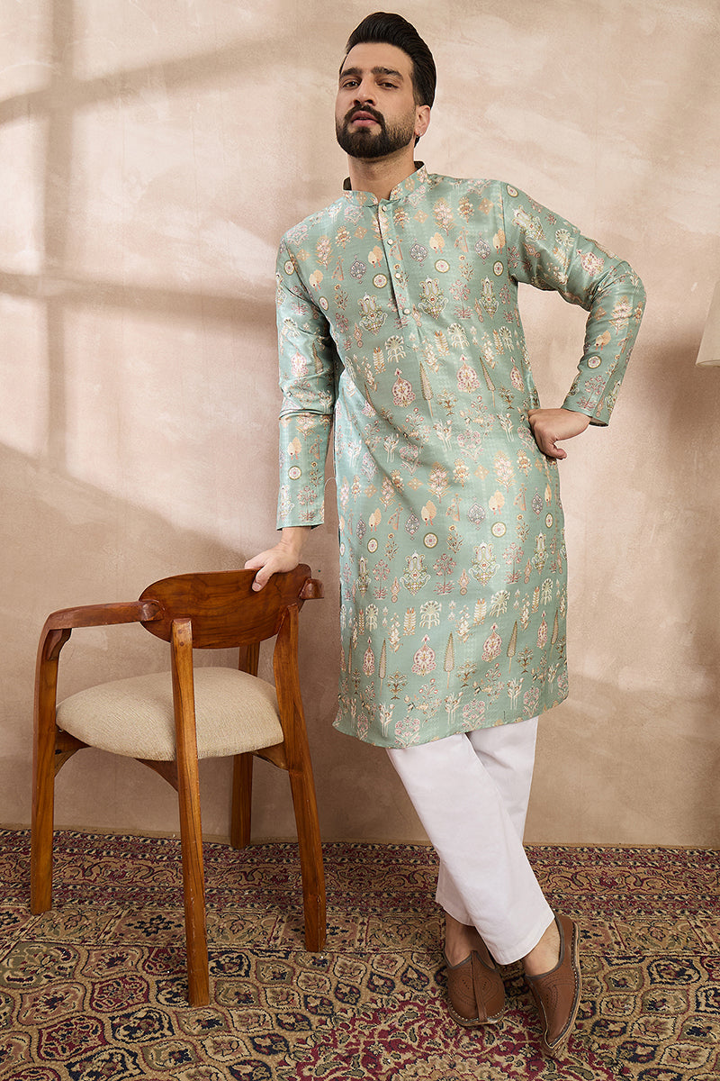 Green Silk Blend Floral Printed Straight Kurta With Trouser | SHOBITAM