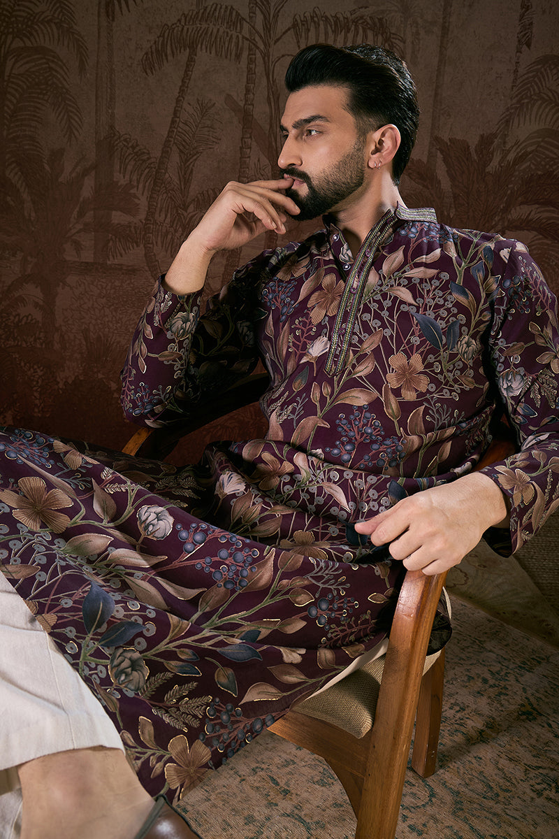 Purple Silk Blend Floral Printed Straight Kurta With Trouser | SHOBITAM