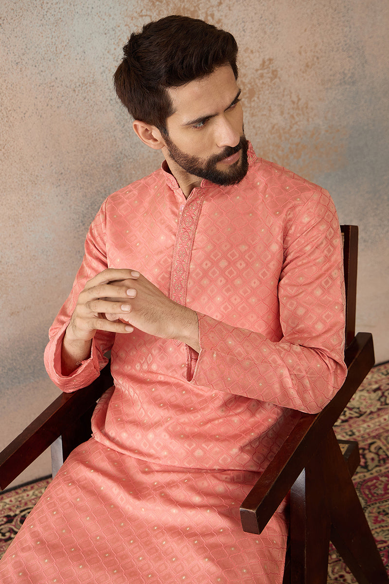 Mens Coral Jacquard Ethnic Motifs Embroidered Kurta | SHOBITAM