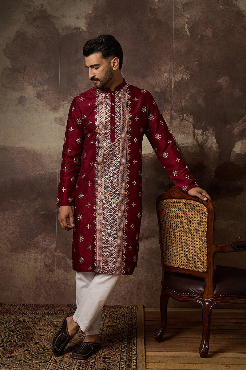 Maroon Silk Blend Solid Embroidered Straight Kurta | SHOBITAM