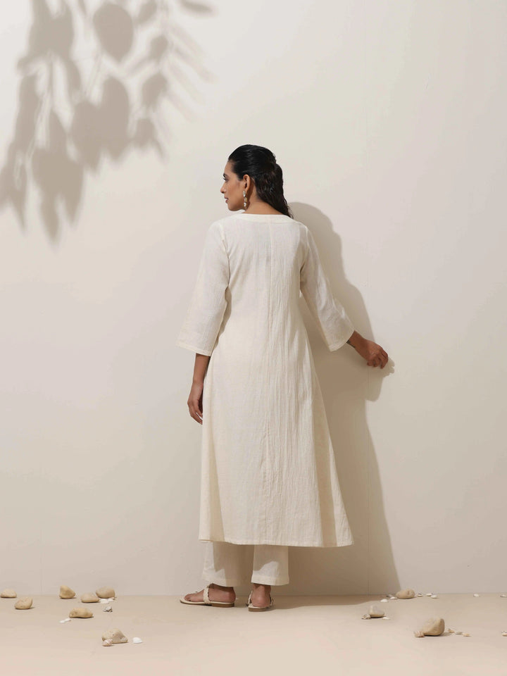 Off White Cotton Linen Angrakha Kurta Pant Set | SHOBITAM