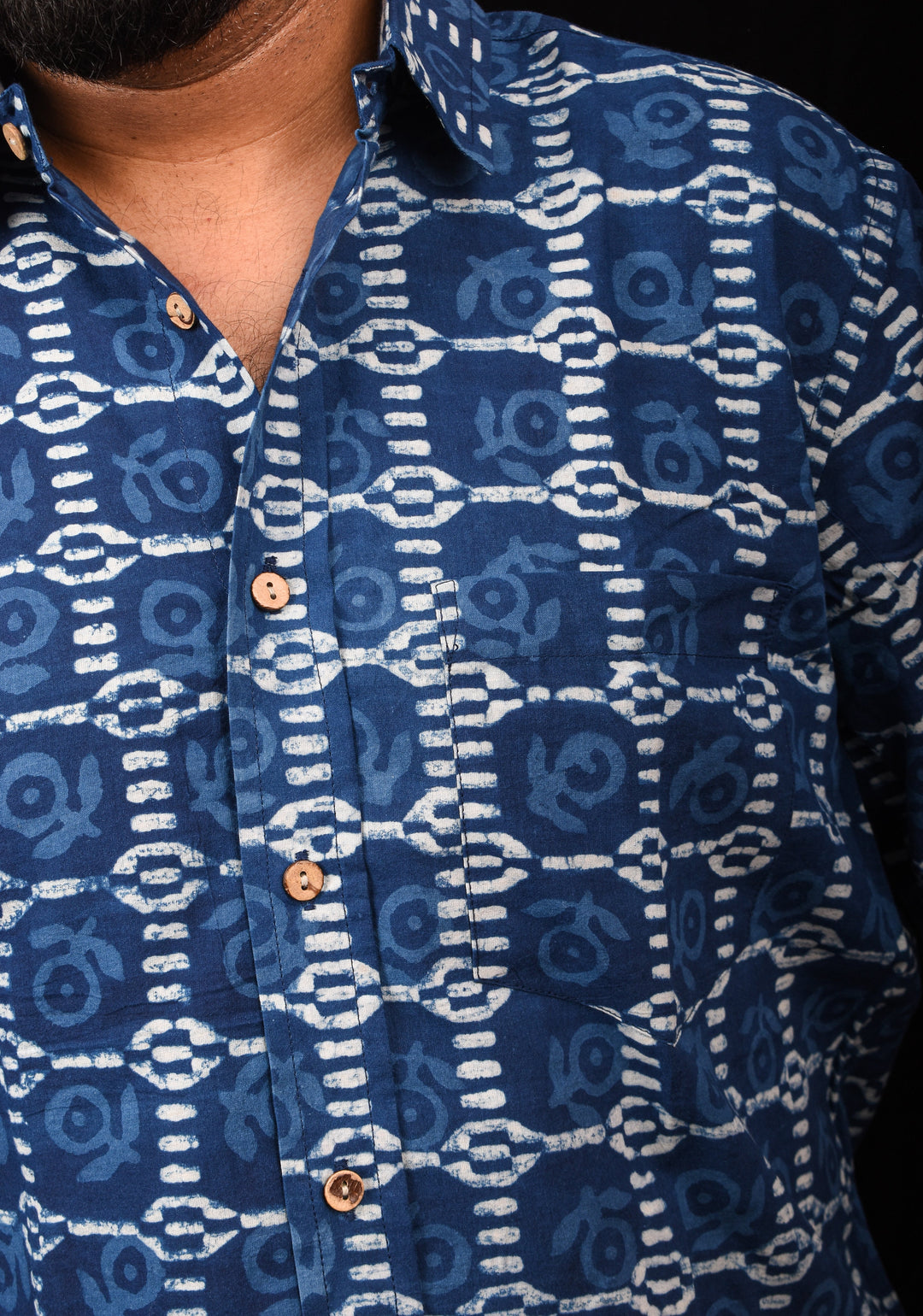 Blue White Handblock Printed Cotton Mens Shirt