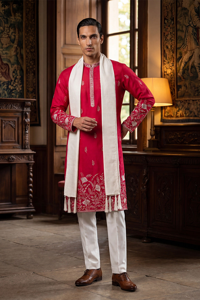 Men Pink Silk Blend Solid Embroidered Straight Kurta Trouser with Dupatta  | SHOBITAM