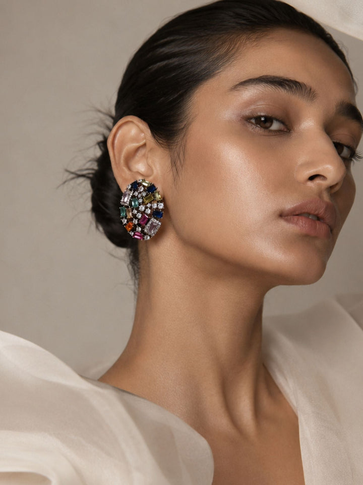 Multicolor Crystal Stud Black Rhodium Earrings | SHOBITAM