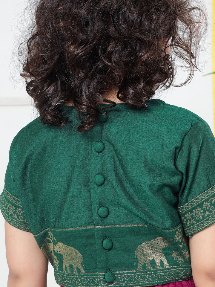 Grapevine Elephant Zari Embroidery Chanderi Cotton Lehenga with Stitched Green Blouse Set | SHOBITAM
