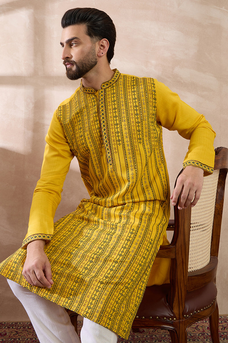 Yellow Silk Blend Embroidered Mandarin Collar Straight Kurta With Trouser | SHOBITAM