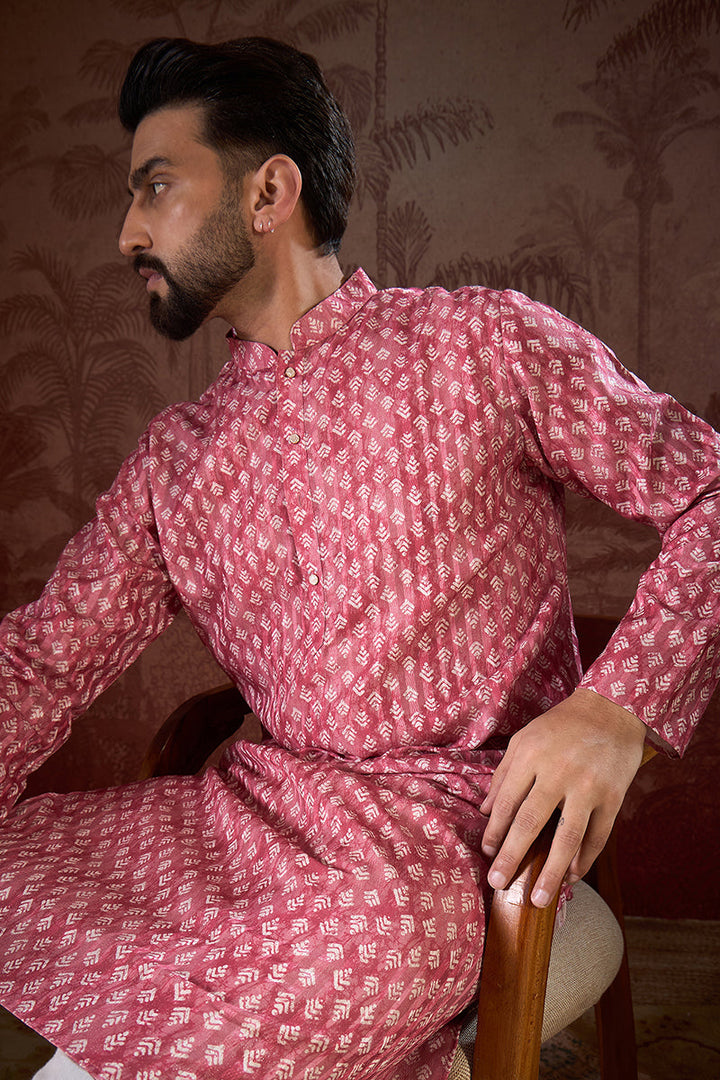 Pink Silk Blend Ethnic Motifs Printed Straight Kurta For Men | SHOBITAM