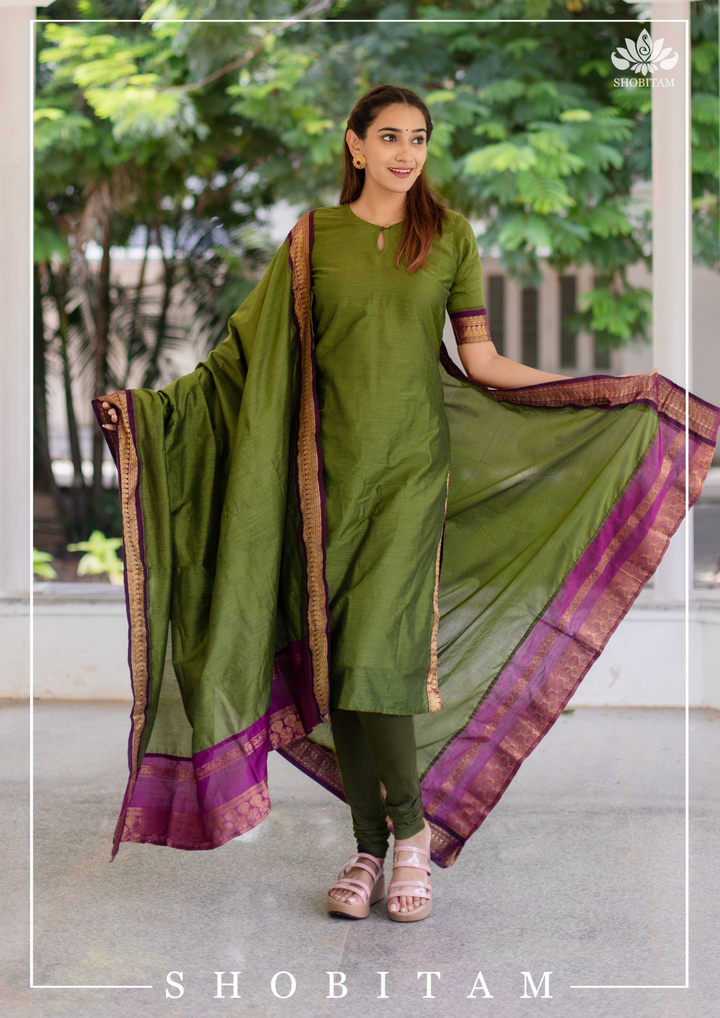 Meenakshi Green Kalyani cotton top and duppatta  | Shobitam Custom Gowns | Made To Order