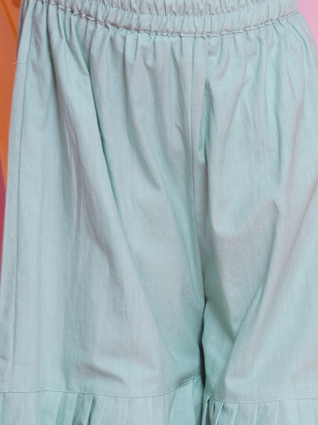 Girls Chanderi Semi-Silk Sleeveless Floral Embrodiery Kurta Frock with Sharara and Dupatta - Dolphin Green | SHOBITAM